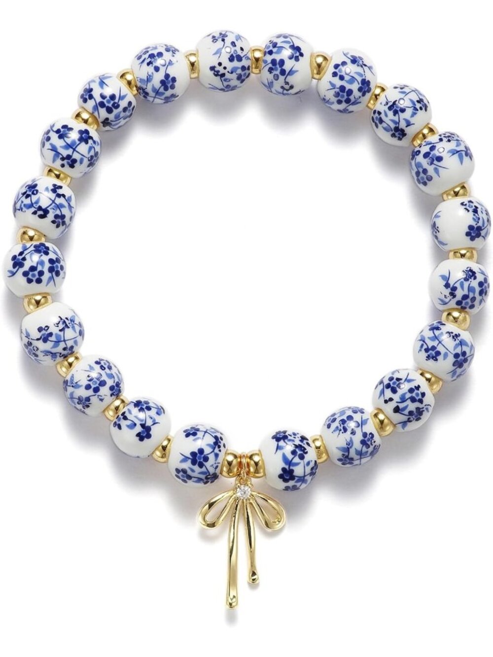 Chic Beaded Bracelets for Women, Bow Charm & Blue Flower, Gold Plated Jewelry